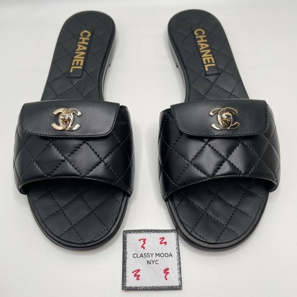 Chanel NIB Black Slides Turnlock Gold CC Logo Quilted Slide Flat Flop Sandals - Picture 4 of 12